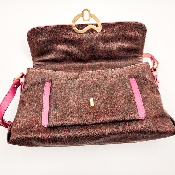 New ETRO Pink Leather Trim Coated Canvas Designer Shoulder Flap Bag - Picture 4 of 9